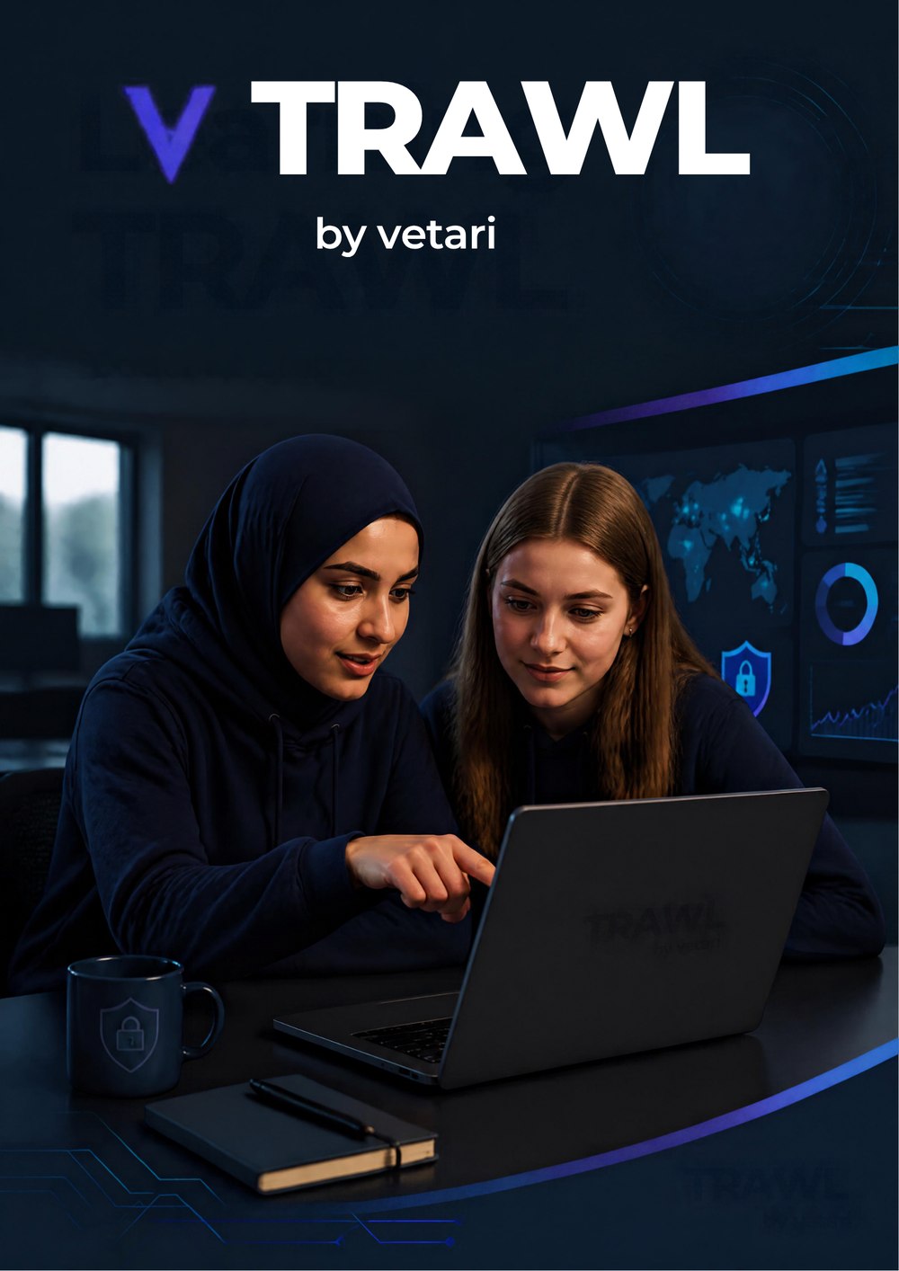 Two students reviewing a security dashboard together on a laptop
