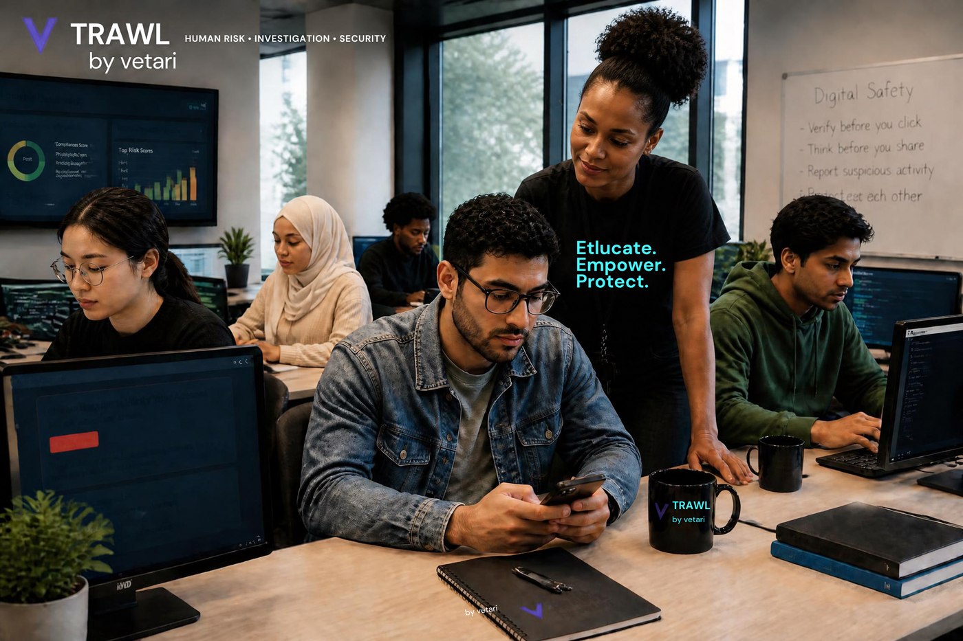 An instructor guiding a student through a flagged phishing message in a computer lab