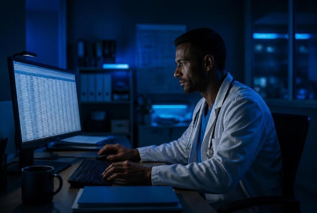 Clinician reviewing patient records on a computer at night