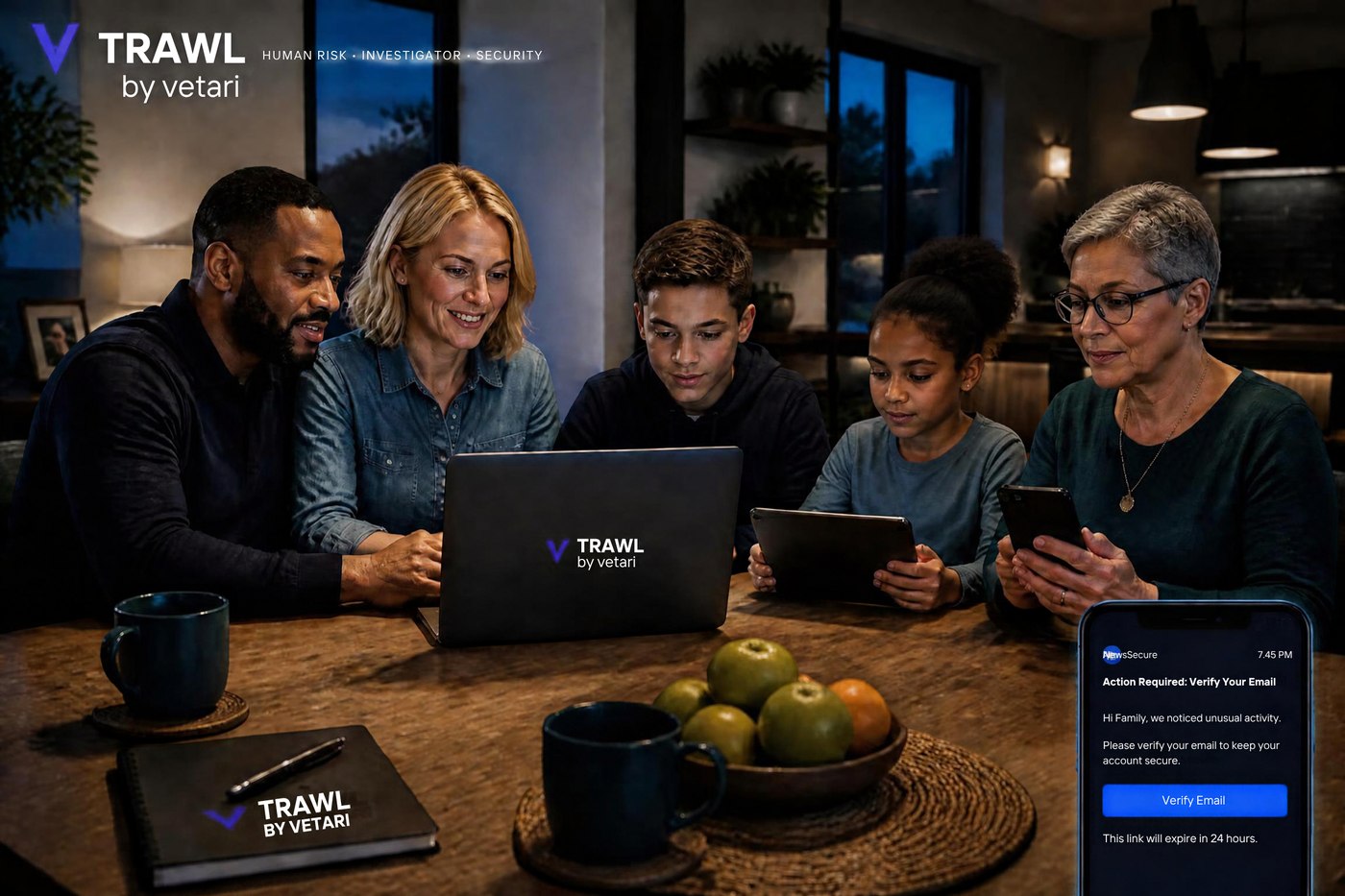 A household gathered around a laptop and tablet, with a suspicious verification email flagged on a phone