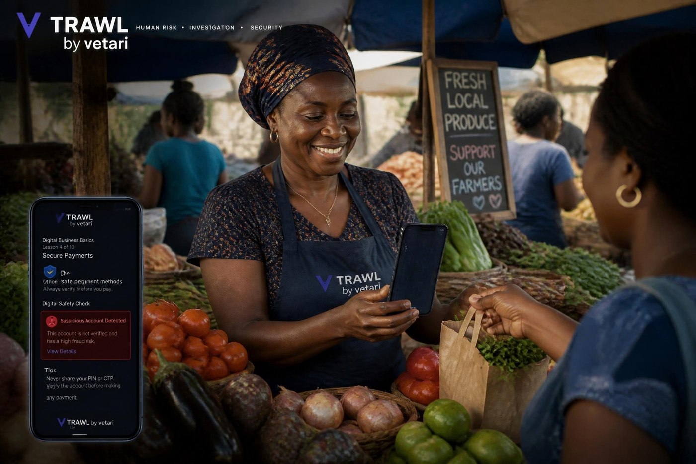 A market vendor checking a suspicious account alert on the Trawl app before accepting a mobile payment