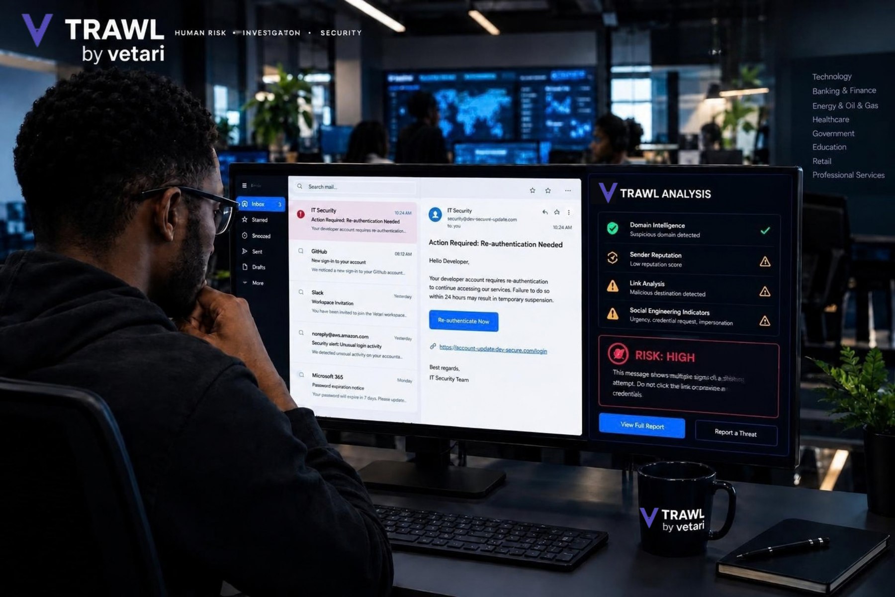 Investigation Lab-style analysis of a phishing email flagging a suspicious domain, malicious link, and high risk score