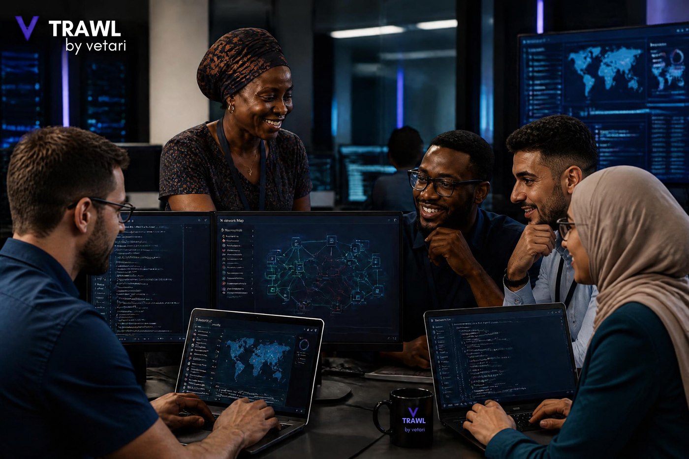 A distributed engineering and security team reviewing a network map and threat dashboards